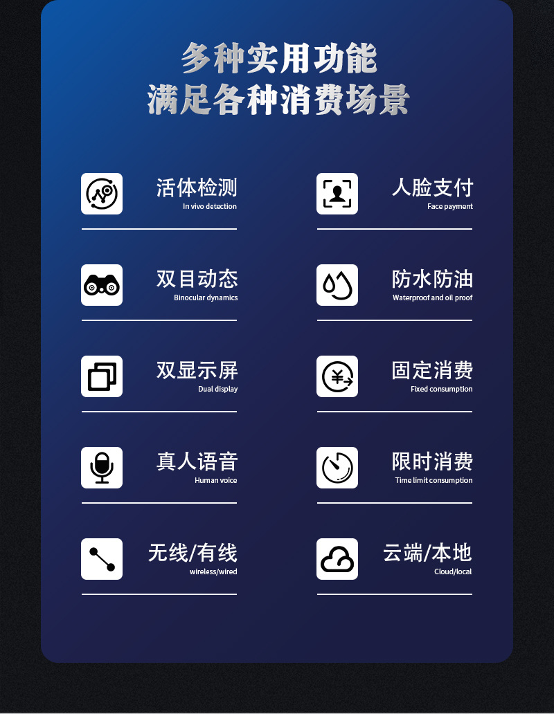 多種消費(fèi)實(shí)用功能，人臉支付、活體檢測(cè)、防水防油、固定消費(fèi)
